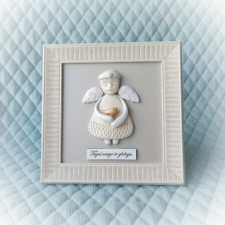 Keramikinis angelas rėmelyje su paukšteliu 17x17cm