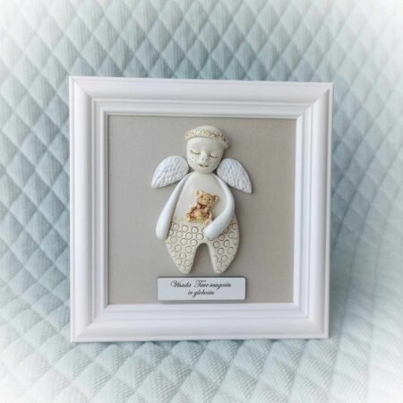 Keramikinis angelas rėmelyje su meškučiu 16x16cm