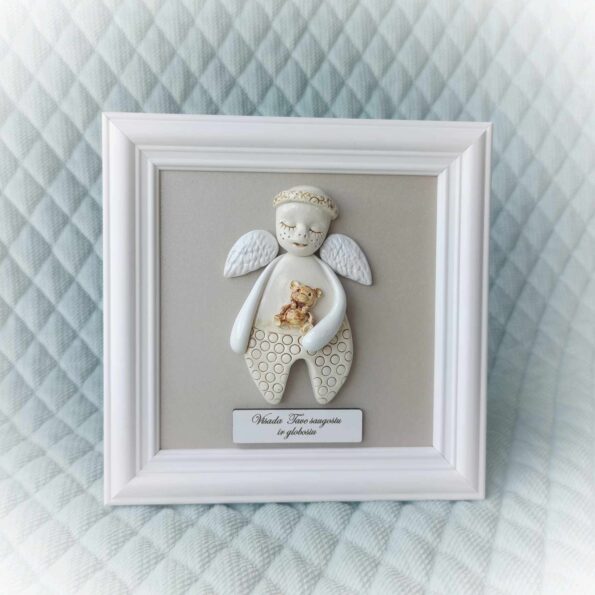 Keramikinis angelas rėmelyje su meškučiu 16x16cm